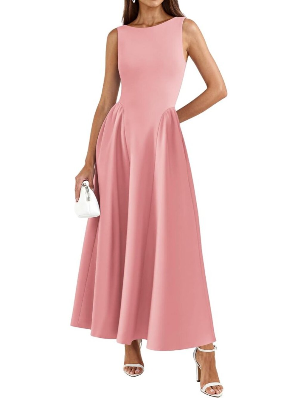 🆕 Women Pink Sleeveless Maxi Classy A Line Tank Formal Midi Long Dress